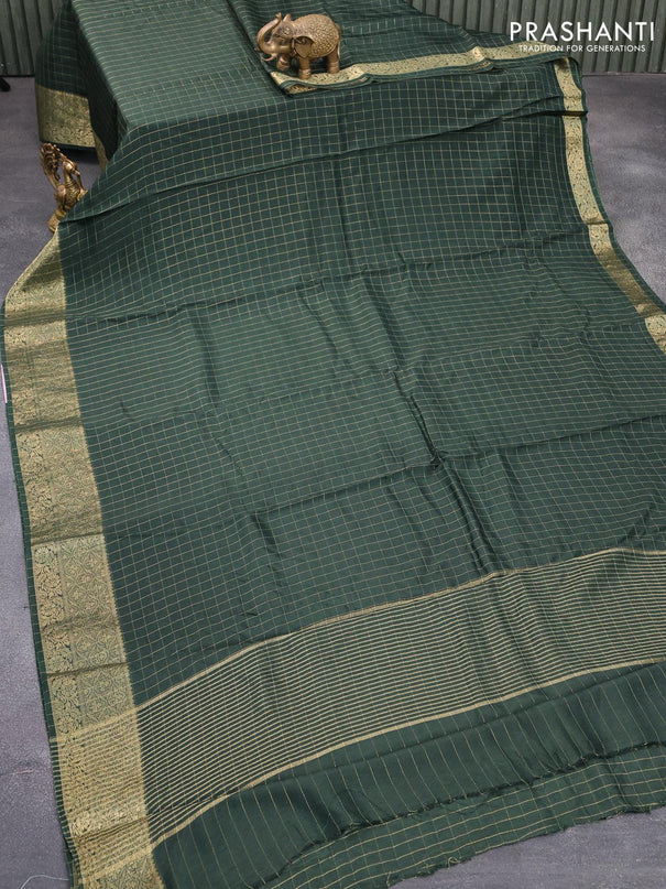 Dola silk saree bottle green and yellow with zari checked pattern and zari woven border with embroidery work blouse - {{ collection.title }} by Prashanti Sarees
