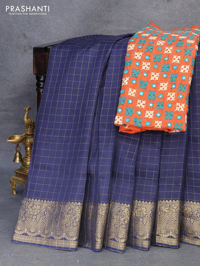 Dola silk saree dark blue and orange with zari checked pattern and zari woven border with embroidery work blouse - {{ collection.title }} by Prashanti Sarees