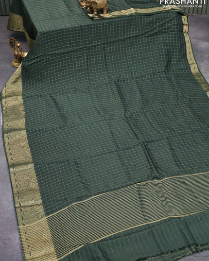 Dola silk saree dark green and grey with zari checked pattern and zari woven border with embroidery work blouse - {{ collection.title }} by Prashanti Sarees