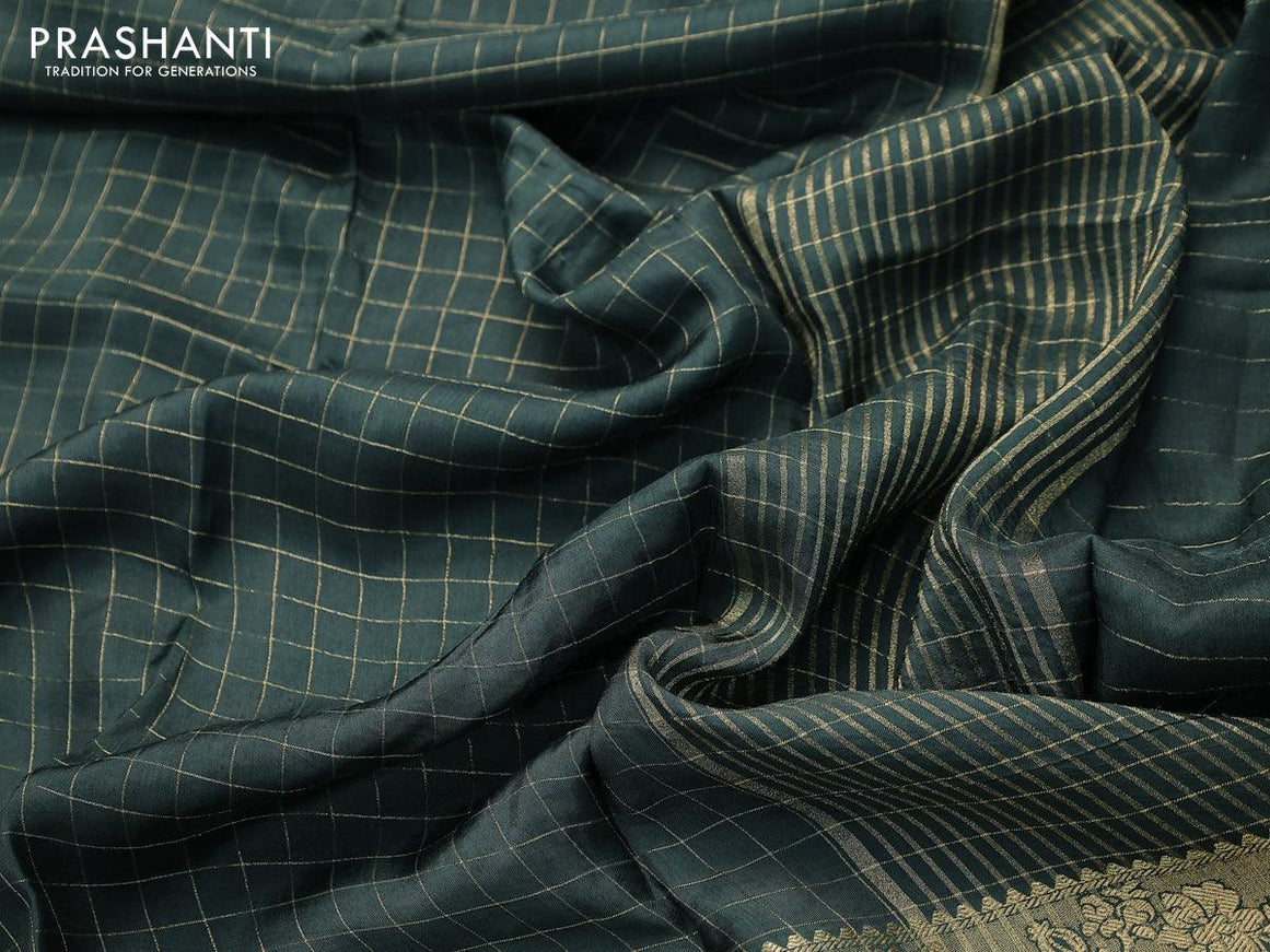 Dola silk saree dark green and grey with zari checked pattern and zari woven border with embroidery work blouse - {{ collection.title }} by Prashanti Sarees