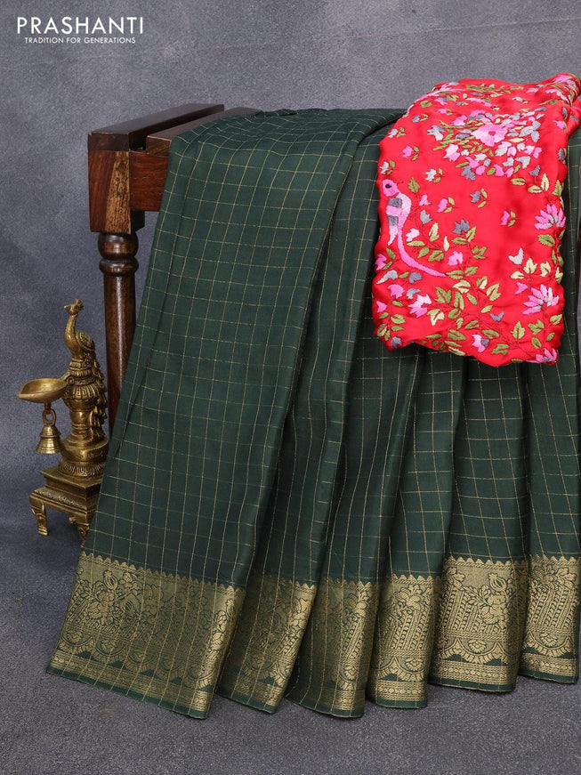 Dola silk saree dark green and red with zari checked pattern and zari woven border with embroidery work blouse - {{ collection.title }} by Prashanti Sarees