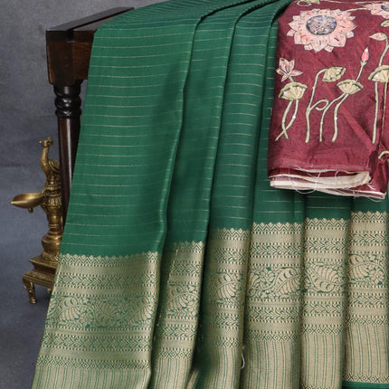 Dola silk saree green and deep maroon with allover zari woven stripes pattern and rich zari woven border - {{ collection.title }} by Prashanti Sarees