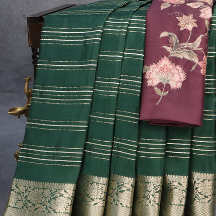 Dola silk saree green and deep wine shade with allover zari woven stripes pattern and rich zari woven border - {{ collection.title }} by Prashanti Sarees