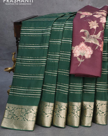 Dola silk saree green and deep wine shade with allover zari woven stripes pattern and rich zari woven border - {{ collection.title }} by Prashanti Sarees