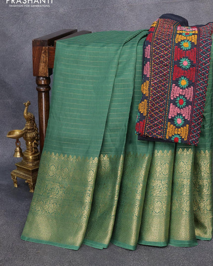 Dola silk saree green and elephant grey with allover zari woven stripes pattern and long zari woven border with embroidery work blouse - {{ collection.title }} by Prashanti Sarees