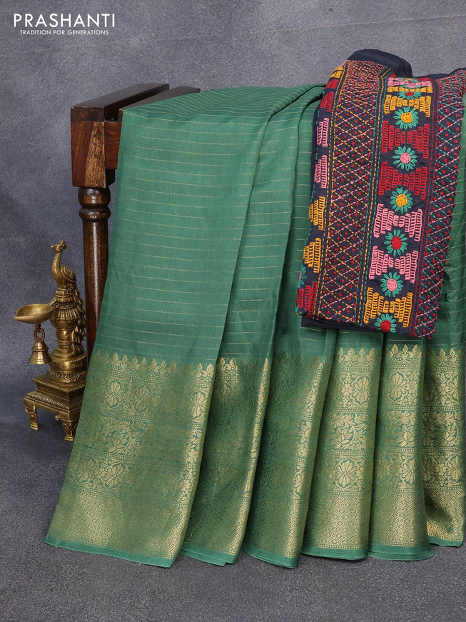 Dola silk saree green and elephant grey with allover zari woven stripes pattern and long zari woven border with embroidery work blouse - {{ collection.title }} by Prashanti Sarees