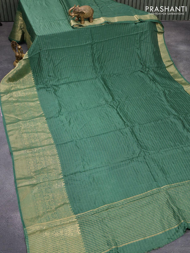 Dola silk saree green and elephant grey with allover zari woven stripes pattern and long zari woven border with embroidery work blouse - {{ collection.title }} by Prashanti Sarees