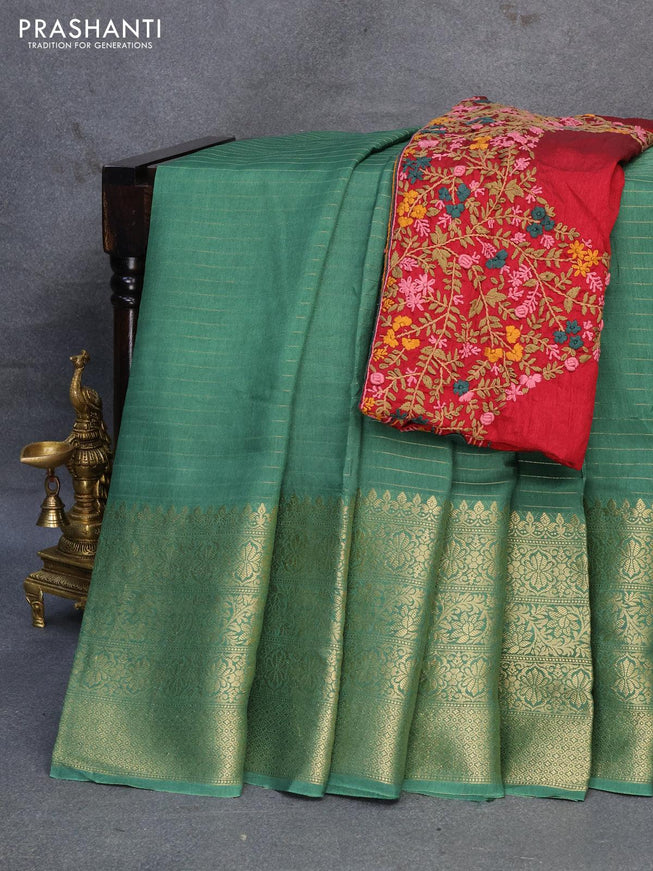 Dola silk saree green and maroon with allover zari woven stripes pattern and long zari woven border with embroidery work blouse - {{ collection.title }} by Prashanti Sarees