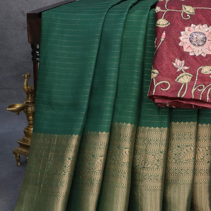 Dola silk saree green and maroon with allover zari woven stripes pattern and rich zari woven border - {{ collection.title }} by Prashanti Sarees
