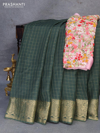 Dola silk saree green and mild purple with zari checked pattern and zari woven border with embroidery work blouse
