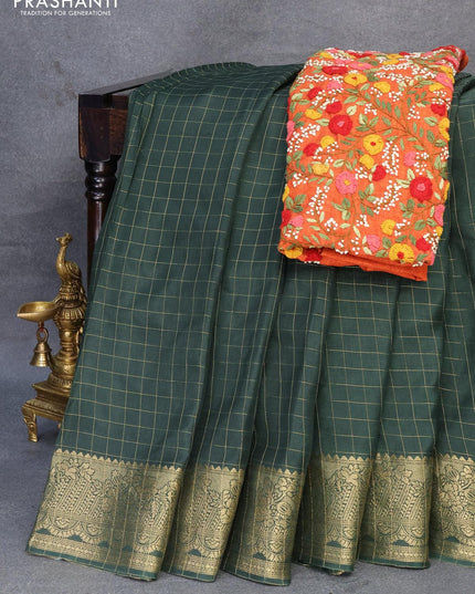 Dola silk saree green and orange with zari checked pattern and zari woven border with embroidery work blouse - {{ collection.title }} by Prashanti Sarees