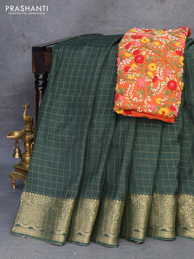 Dola silk saree green and orange with zari checked pattern and zari woven border with embroidery work blouse - {{ collection.title }} by Prashanti Sarees