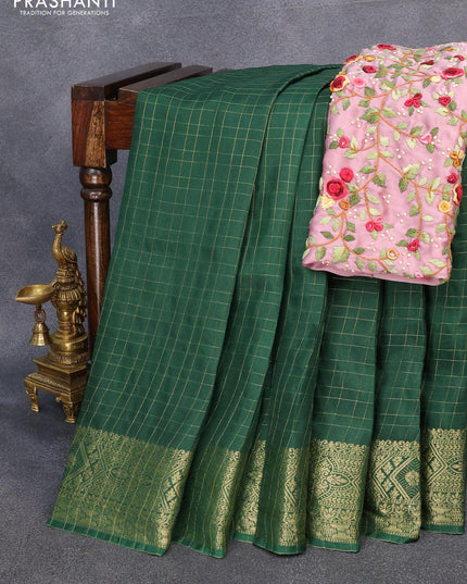 Dola silk saree green and pastel pink with zari checked pattern and zari woven border with embroidery work blouse - {{ collection.title }} by Prashanti Sarees
