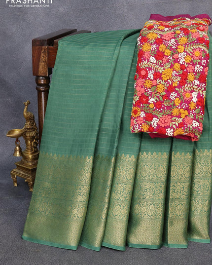 Dola silk saree green and purple with allover zari woven stripes pattern and long zari woven border with embroidery work blouse - {{ collection.title }} by Prashanti Sarees