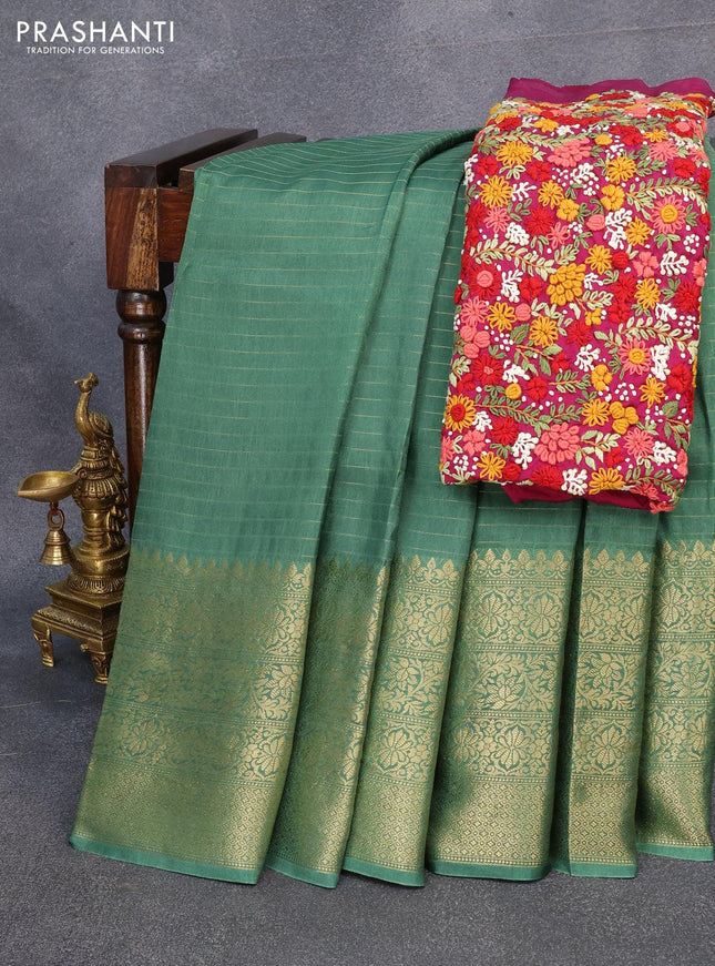 Dola silk saree green and purple with allover zari woven stripes pattern and long zari woven border with embroidery work blouse - {{ collection.title }} by Prashanti Sarees