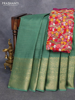 Dola silk saree green and purple with allover zari woven stripes pattern and long zari woven border with embroidery work blouse