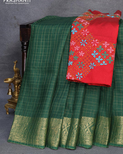 Dola silk saree green and red with zari checked pattern and zari woven border with embroidery work blouse - {{ collection.title }} by Prashanti Sarees