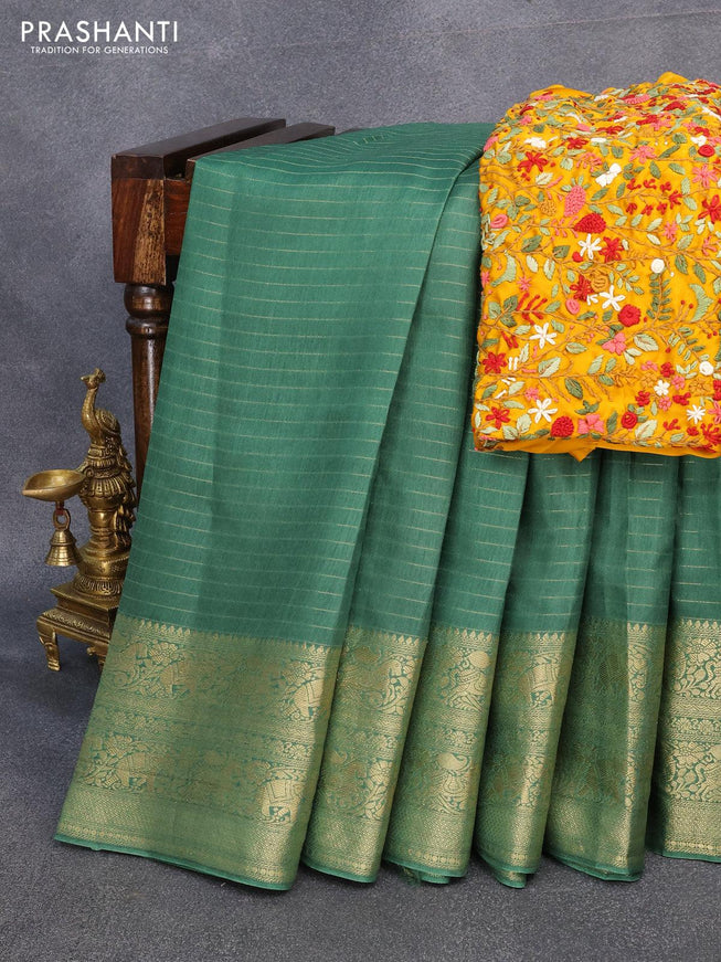 Dola silk saree green and yellow with allover zari woven stripes pattern and zari woven border with embroidery work blouse - {{ collection.title }} by Prashanti Sarees