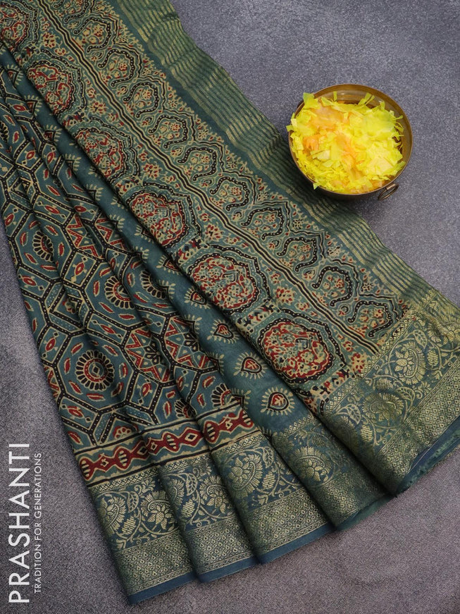 Dola silk saree green shade and blue shade with allover ajrakh prints and zari woven floral border - {{ collection.title }} by Prashanti Sarees