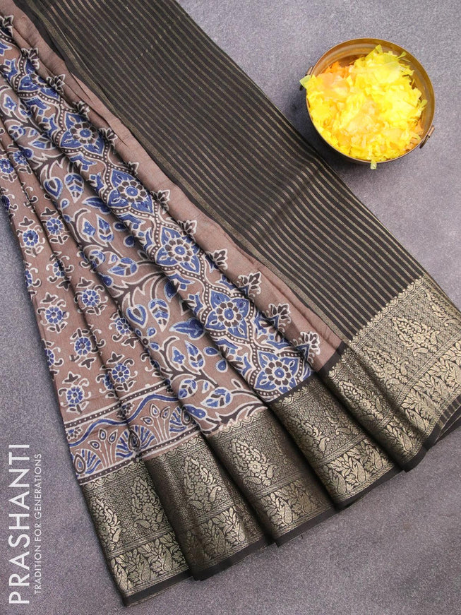 Dola silk saree grey and black with allover ajrakh prints and zari woven floral border - {{ collection.title }} by Prashanti Sarees