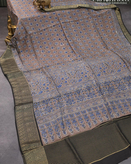 Dola silk saree grey and black with allover ajrakh prints and zari woven floral border - {{ collection.title }} by Prashanti Sarees