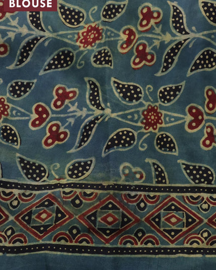 Dola silk saree greyish green with allover ajrakh prints and zari woven floral border - {{ collection.title }} by Prashanti Sarees