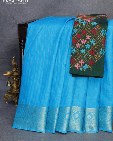 Dola silk saree light blue and dark green with zari checked pattern and zari woven border with embroidery work blouse - {{ collection.title }} by Prashanti Sarees
