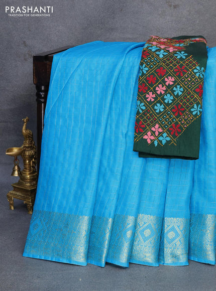 Dola silk saree light blue and dark green with zari checked pattern and zari woven border with embroidery work blouse - {{ collection.title }} by Prashanti Sarees