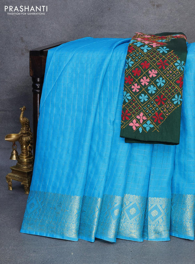 Dola silk saree light blue and dark green with zari checked pattern and zari woven border with embroidery work blouse - {{ collection.title }} by Prashanti Sarees