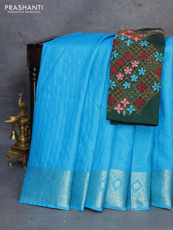 Dola silk saree light blue and dark green with zari checked pattern and zari woven border with embroidery work blouse - {{ collection.title }} by Prashanti Sarees
