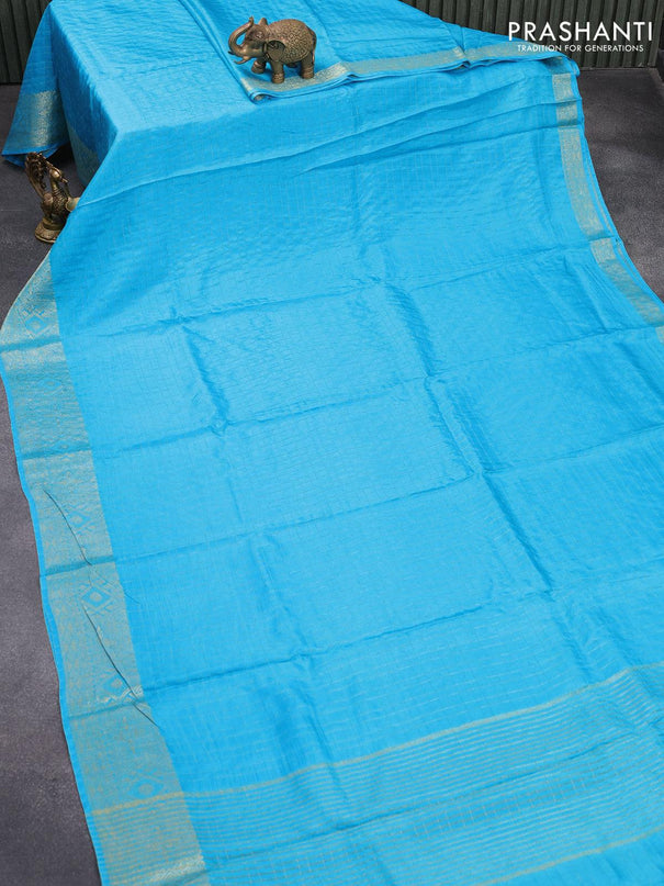 Dola silk saree light blue and dark green with zari checked pattern and zari woven border with embroidery work blouse - {{ collection.title }} by Prashanti Sarees