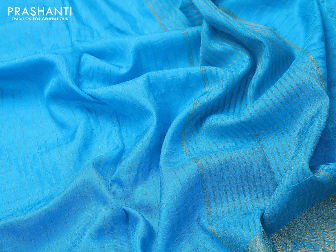 Dola silk saree light blue and dark green with zari checked pattern and zari woven border with embroidery work blouse - {{ collection.title }} by Prashanti Sarees