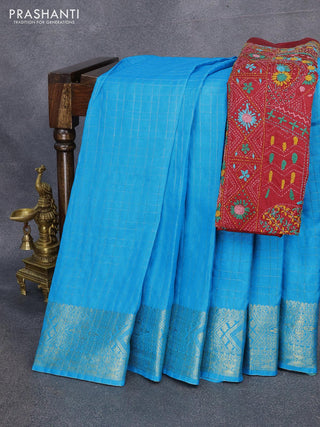 Dola silk saree light blue and red with zari checked pattern and zari woven border with embroidery work blouse