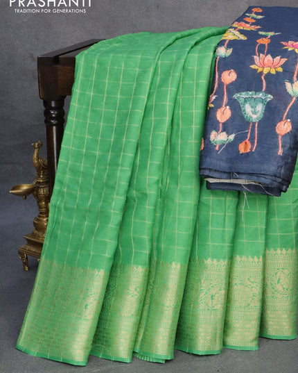 Dola silk saree light green and dark peacock blue with allover zari checked pattern and rich zari woven border - {{ collection.title }} by Prashanti Sarees