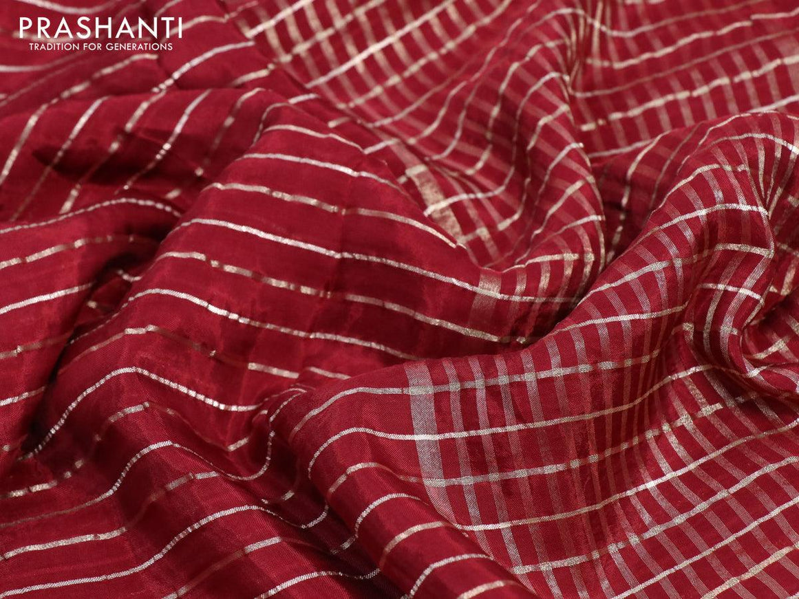 Dola silk saree maroon and dark green with allover zari woven stripes pattern and rich zari woven border - {{ collection.title }} by Prashanti Sarees