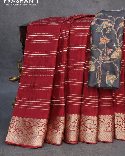 Dola silk saree maroon and dark grey with allover zari woven stripes pattern and rich zari woven border - {{ collection.title }} by Prashanti Sarees