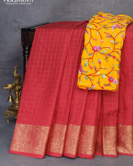 Dola silk saree maroon and yellow with zari checked pattern and zari woven border with embroidery work blouse - {{ collection.title }} by Prashanti Sarees