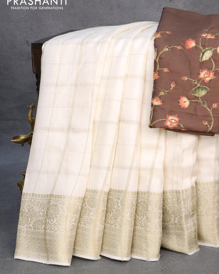 Dola silk saree off white and dark sap green with allover zari checked pattern and rich zari woven border - {{ collection.title }} by Prashanti Sarees