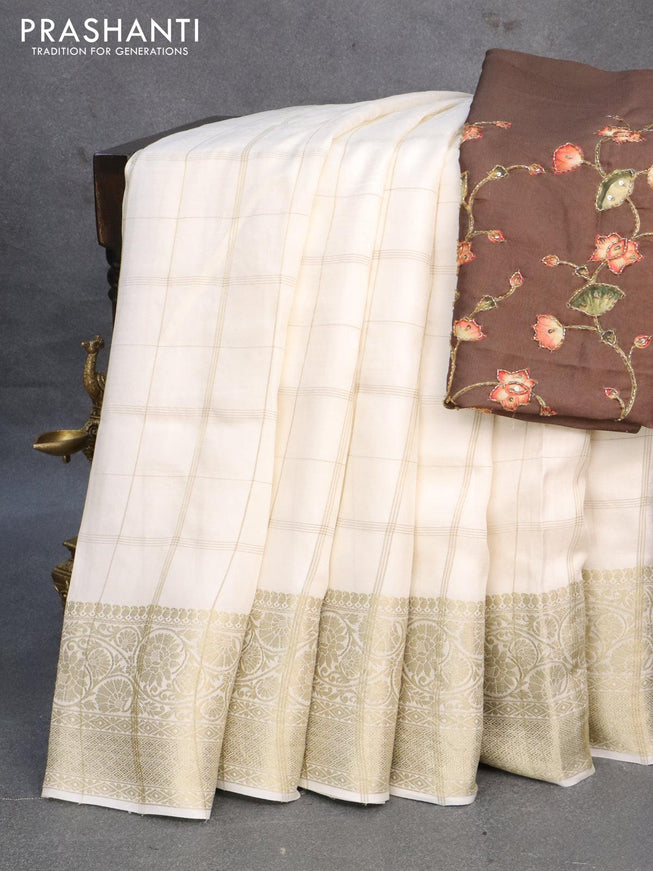 Dola silk saree off white and dark sap green with allover zari checked pattern and rich zari woven border - {{ collection.title }} by Prashanti Sarees
