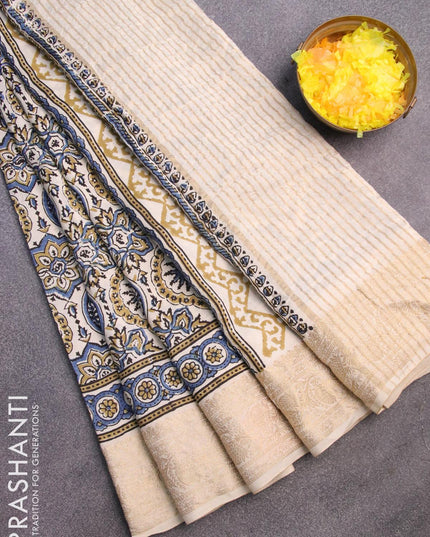 Dola silk saree off white with allover ajrakh prints and zari woven floral border - {{ collection.title }} by Prashanti Sarees