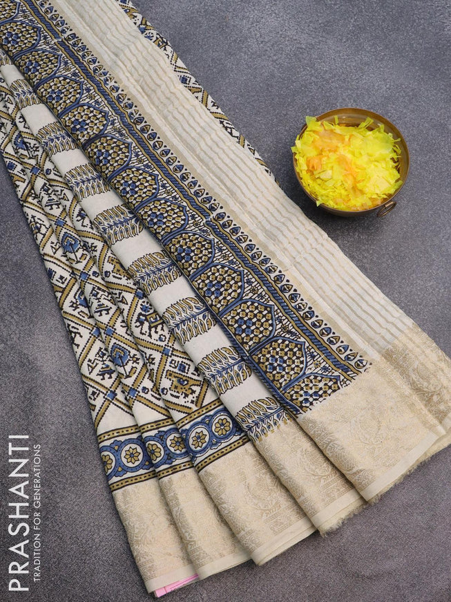 Dola silk saree off white with allover patola prints and ajrakh printed pallu - {{ collection.title }} by Prashanti Sarees