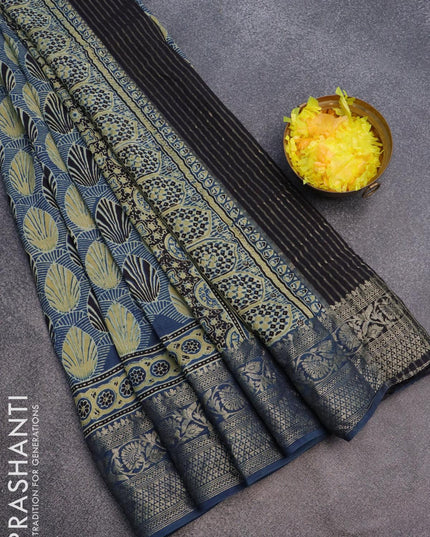 Dola silk saree peacock blue with allover ajrakh prints and zari woven floral border - {{ collection.title }} by Prashanti Sarees