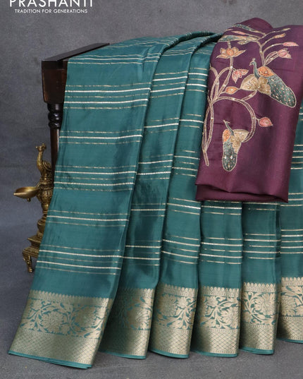 Dola silk saree peacock green and deep wine shade with allover zari woven stripes pattern and rich zari woven border - {{ collection.title }} by Prashanti Sarees