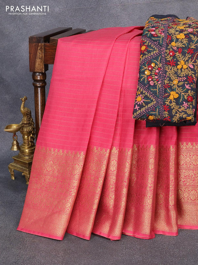 Dola silk saree pink shade and black with zari checked pattern and long zari woven border with embroidery work blouse - {{ collection.title }} by Prashanti Sarees