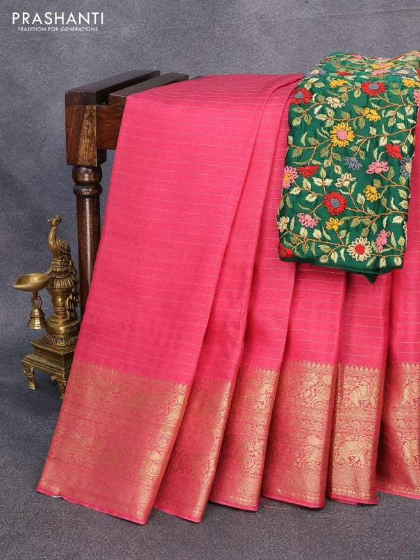 Dola silk saree pink shade and green with allover zari woven stripes pattern and long zari woven border with embroidery work blouse - {{ collection.title }} by Prashanti Sarees