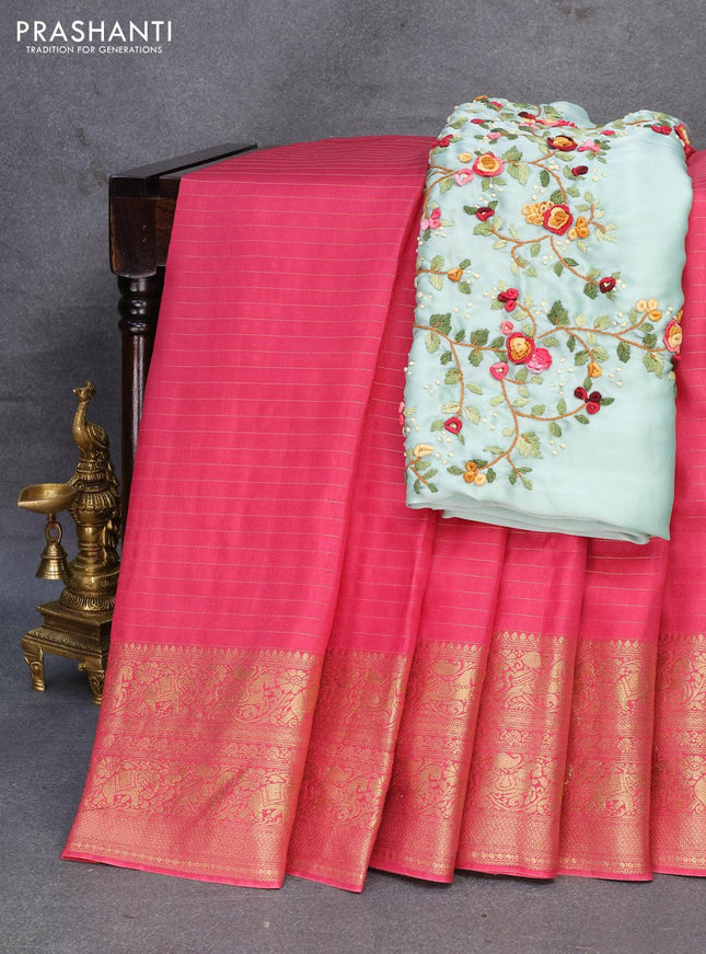 Dola silk saree pink shade and pastel blue with allover zari woven stripes pattern and zari woven border with embroidery work blouse - {{ collection.title }} by Prashanti Sarees