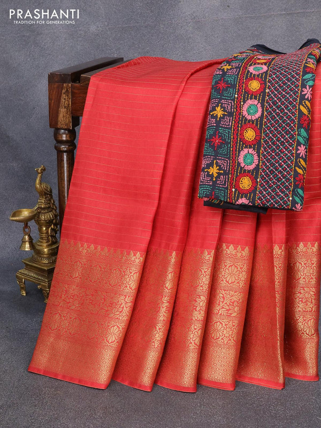 Dola silk saree red and black with allover zari woven stripes pattern and long zari woven border with embroidery work blouse - {{ collection.title }} by Prashanti Sarees