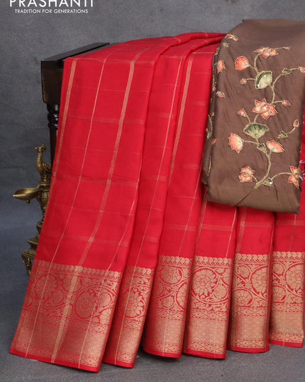 Dola silk saree red and dark military green with allover zari checked pattern and rich zari woven border - {{ collection.title }} by Prashanti Sarees