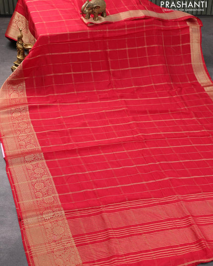 Dola silk saree red and dark military green with allover zari checked pattern and rich zari woven border - {{ collection.title }} by Prashanti Sarees