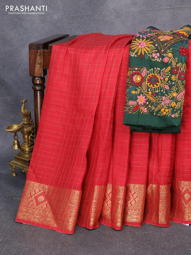 Dola silk saree red and green with zari checked pattern and zari woven border with embroidery work blouse - {{ collection.title }} by Prashanti Sarees